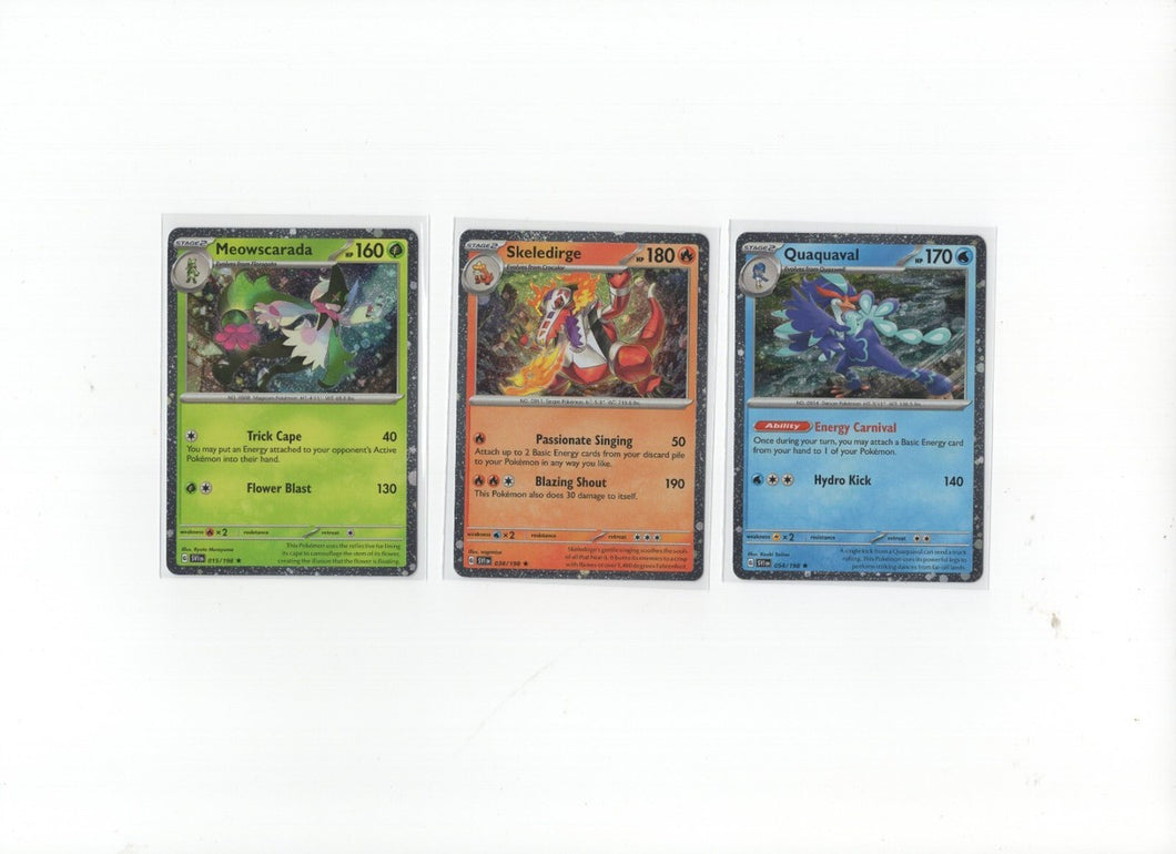 Pokemon TCG - Meowscarada Skeledirge and Quaquaval Cosmos Foil Bundle